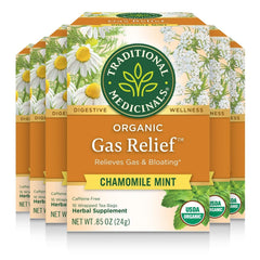 Traditional Medicinals Organic Gas Relief Tea pack on display offers caffeine-free digestion support