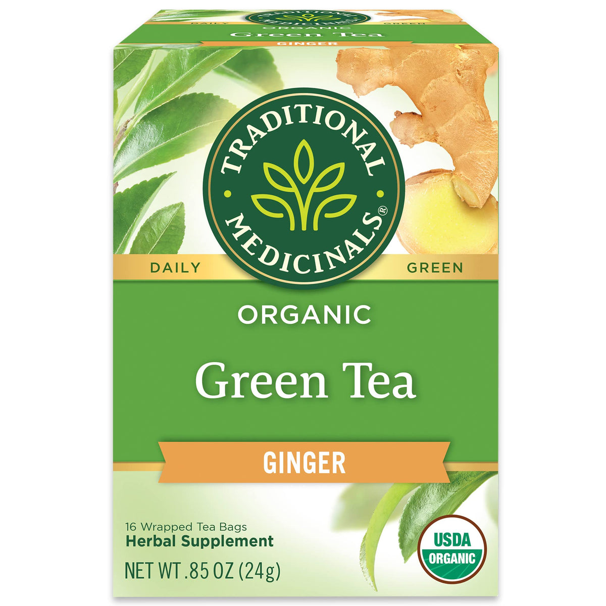 Traditional Medicinals organic green tea ginger tea bags for gentle digestion