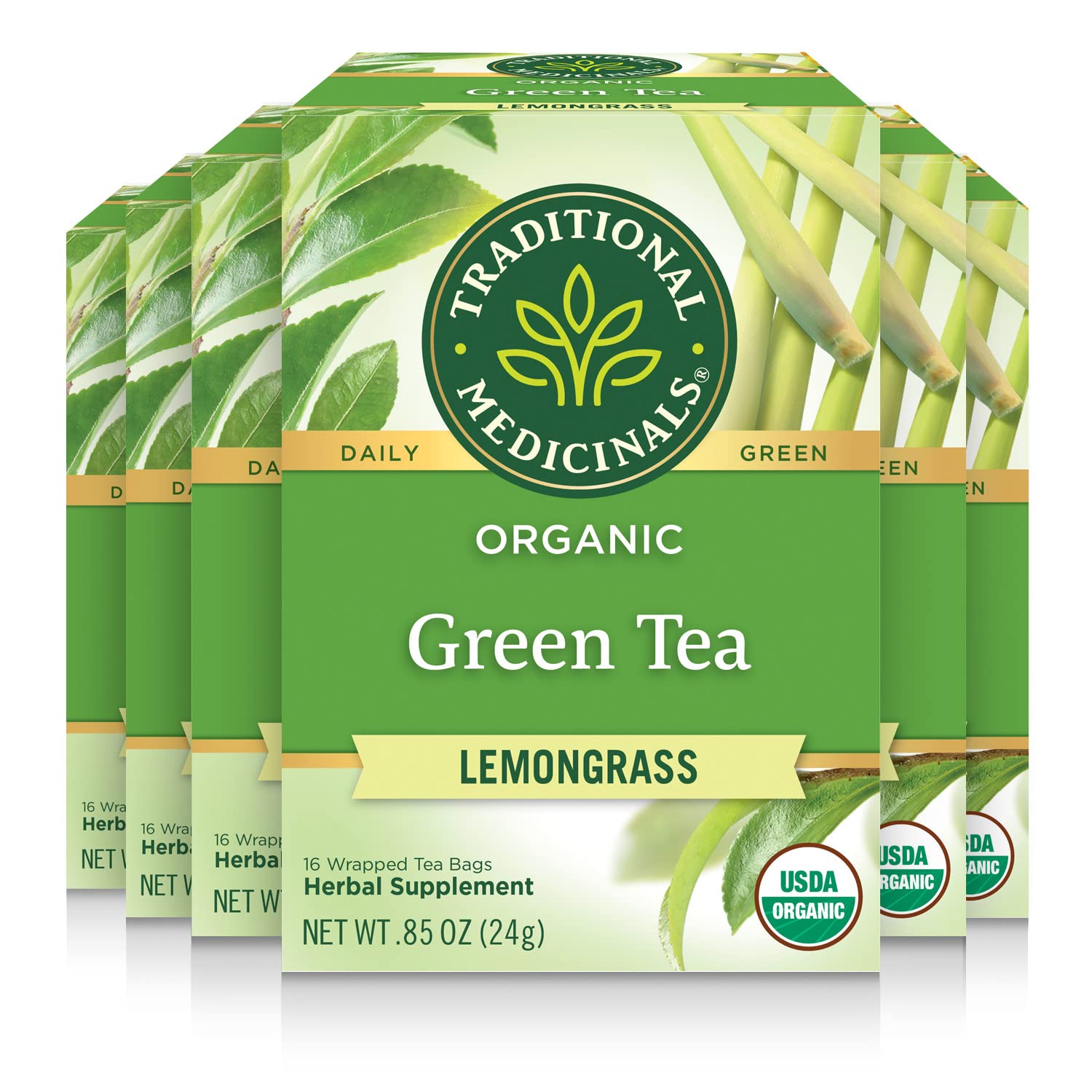 Traditional Medicinals Organic Green Tea Lemongrass tea bags steeping for a citrusy refreshment.