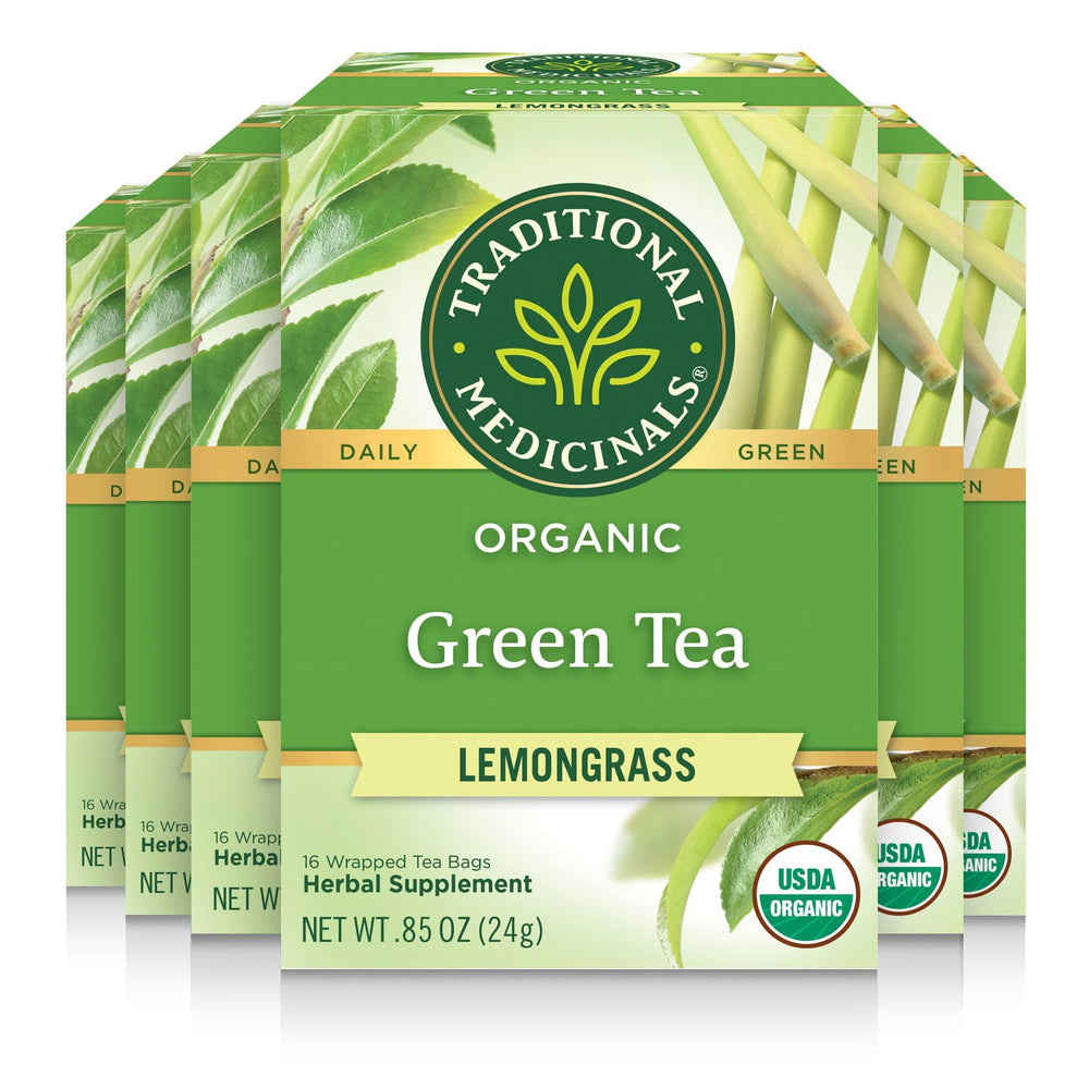 Traditional Medicinals Organic Green Tea Lemongrass tea bags steeping for a citrusy refreshment.