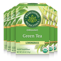 Traditional Medicinals Organic Green Tea Lemongrass tea bags steeping for a citrusy refreshment.