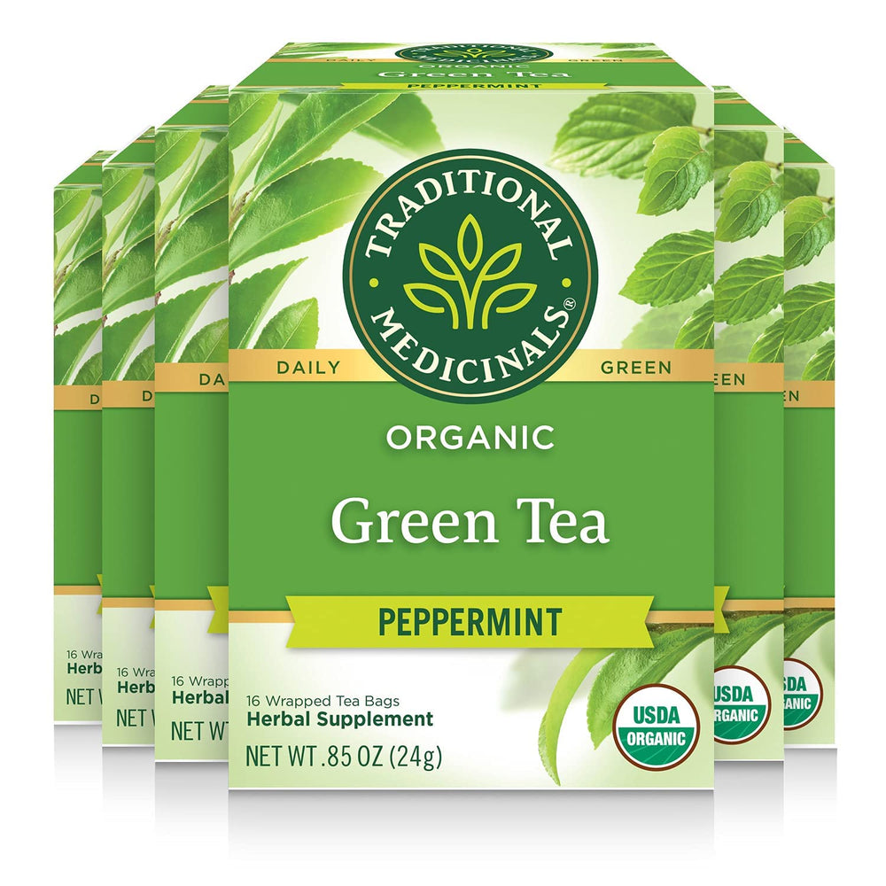 Traditional Medicinals organic green tea peppermint box—fresh inviting packaging for daily ritual