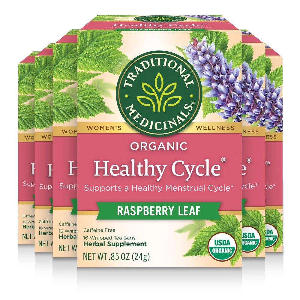 Traditional Medicinals Organic Healthy Cycle tea bag ready to steep for a soothing caffeine-free routine.