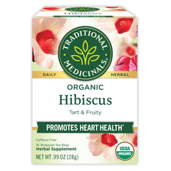 Traditional Medicinals hibiscus tea bags ready for hot or iced servings