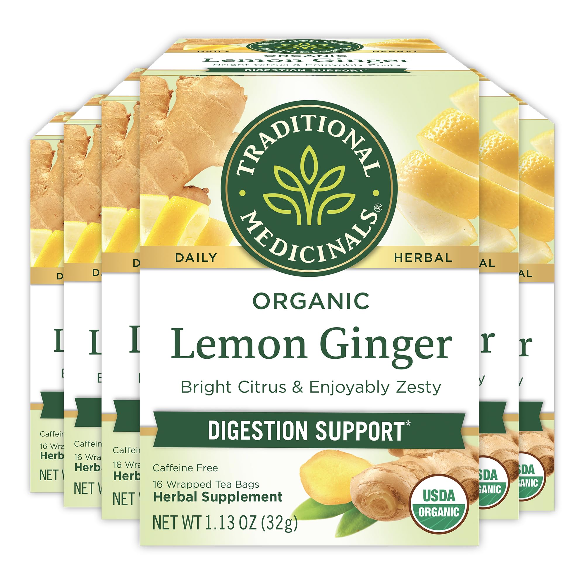Traditional Medicinals Organic Lemon Ginger Tea box front showing organic quality for everyday sipping.