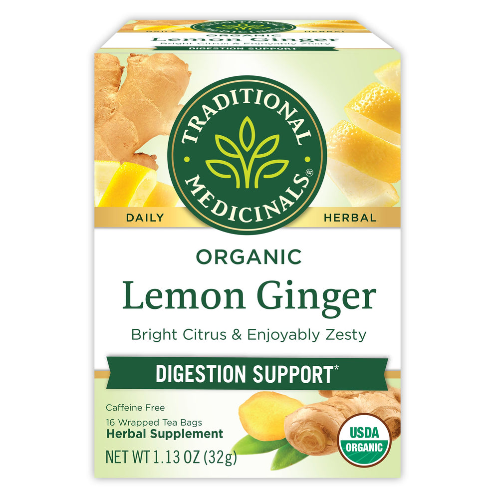 traditional medicinals organic lemon ginger tea carton on shelf for a soothing break.