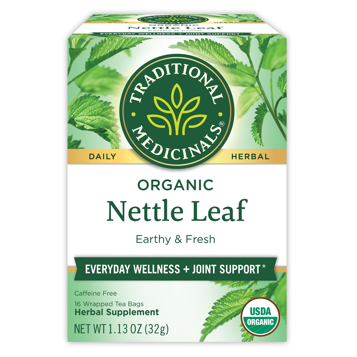 Traditional Medicinals nettle tea bags on pack highlighting organic quality and joint wellness.