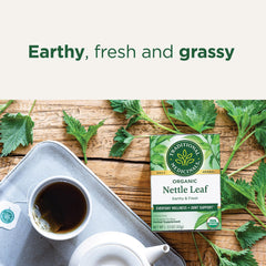 Traditional Medicinals organic nettle tea label highlighting organic certification and herbal heritage.