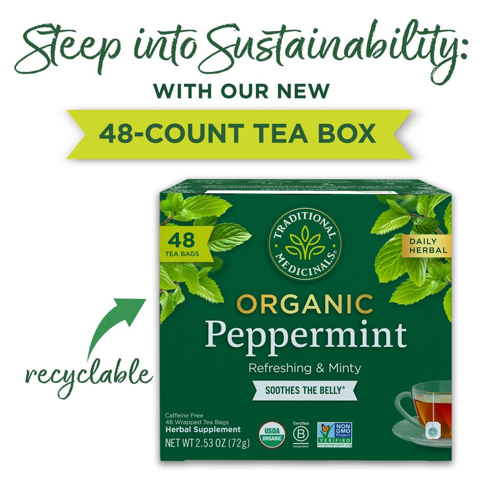 Traditional Medicinals peppermint leaves show organic sourcing and rich essential oils.