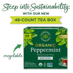 Traditional Medicinals peppermint leaves show organic sourcing and rich essential oils.