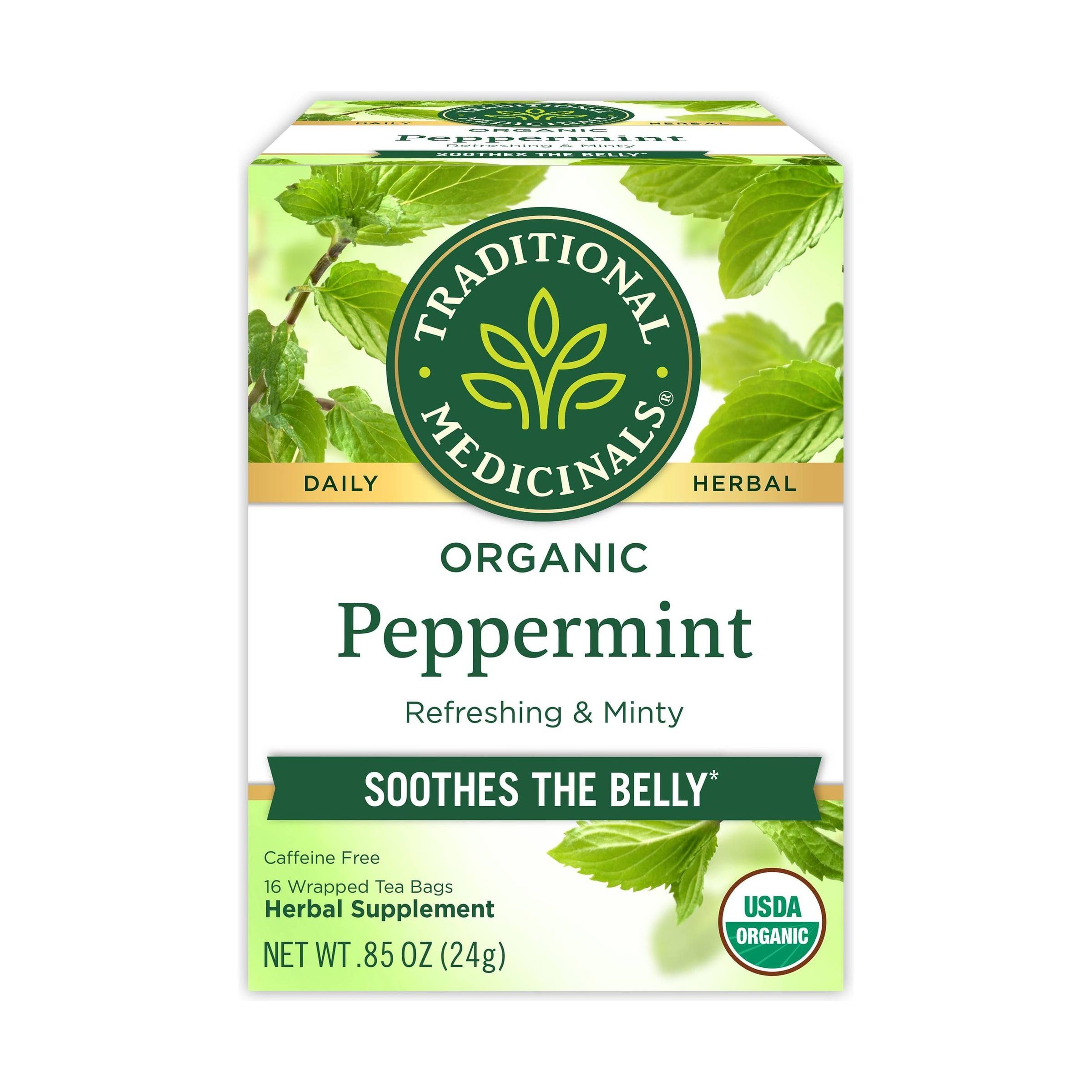 Traditional Medicinals Organic Peppermint Tea bags ready to brew with minty aroma.