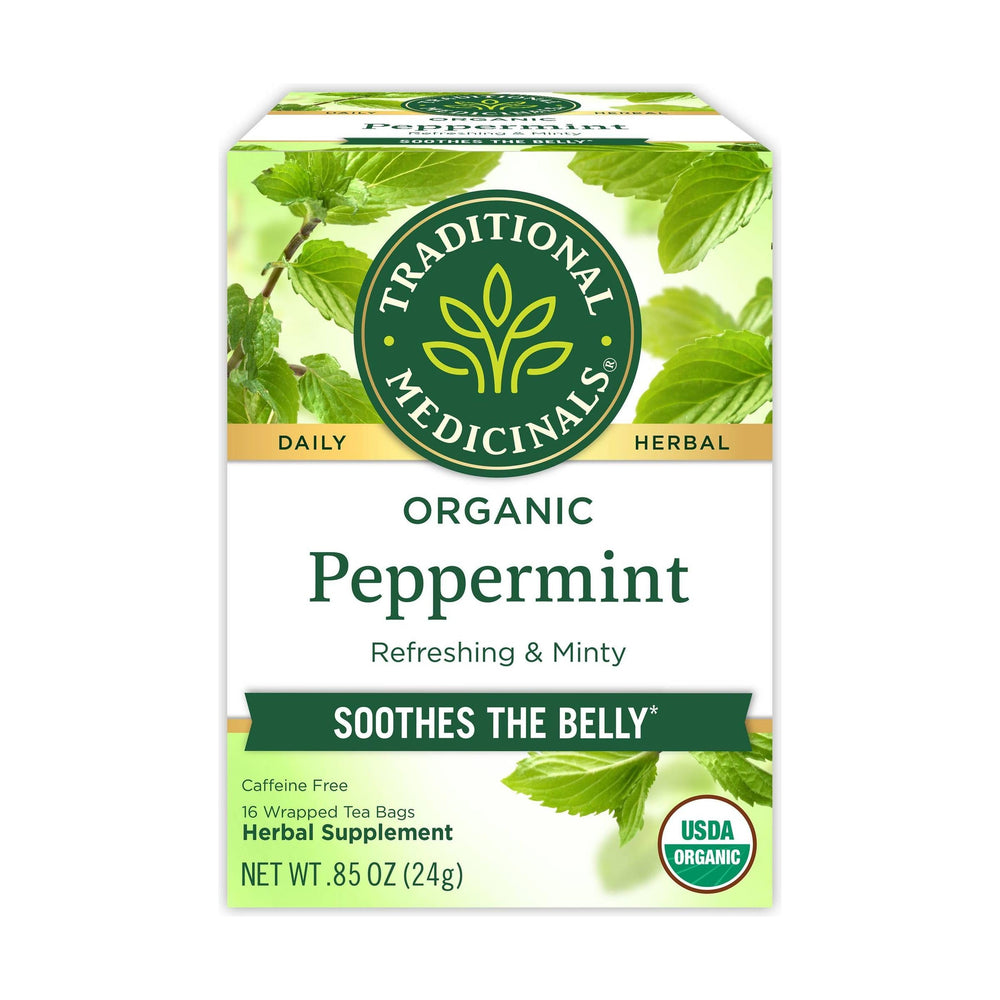 Traditional Medicinals Organic Peppermint Tea bags ready to brew with minty aroma.
