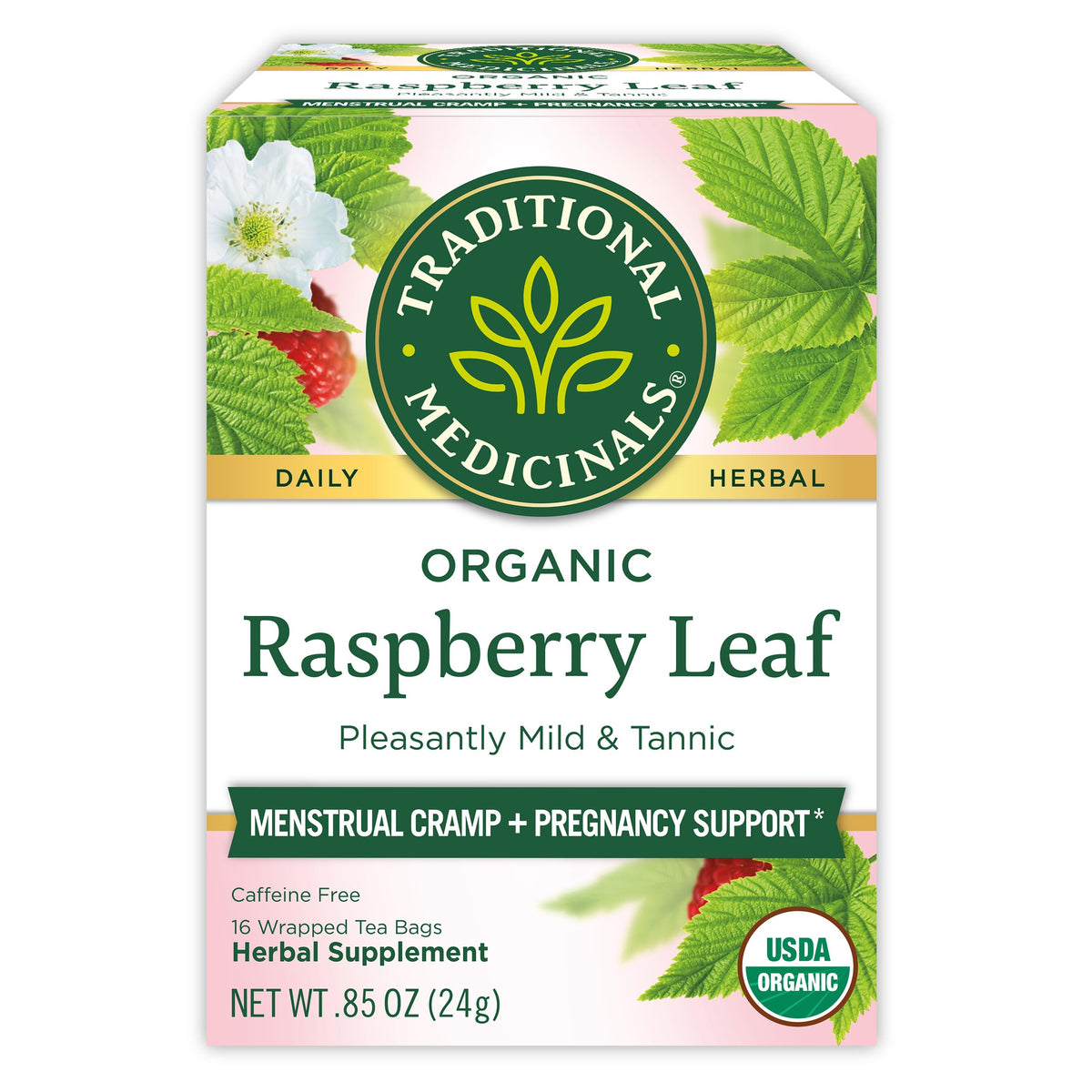 Traditional Medicinals organic raspberry leaf tea box showing organic quality and herbal appeal