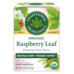 Traditional Medicinals organic raspberry leaf tea box showing organic quality and herbal appeal