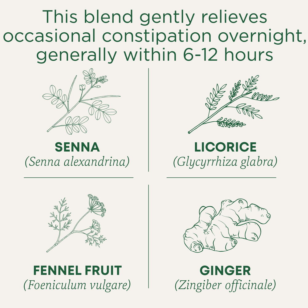 Organic senna leaf tea by Traditional Medicinals highlighting organic quality and caffeine-free calm.