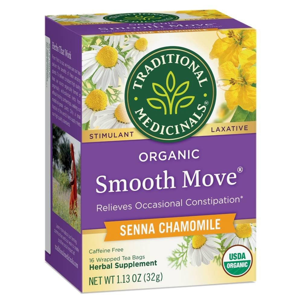 Traditional Medicinals Organic Smooth Move Chamomile Tea box front, ideal for a soothing evening ritual.