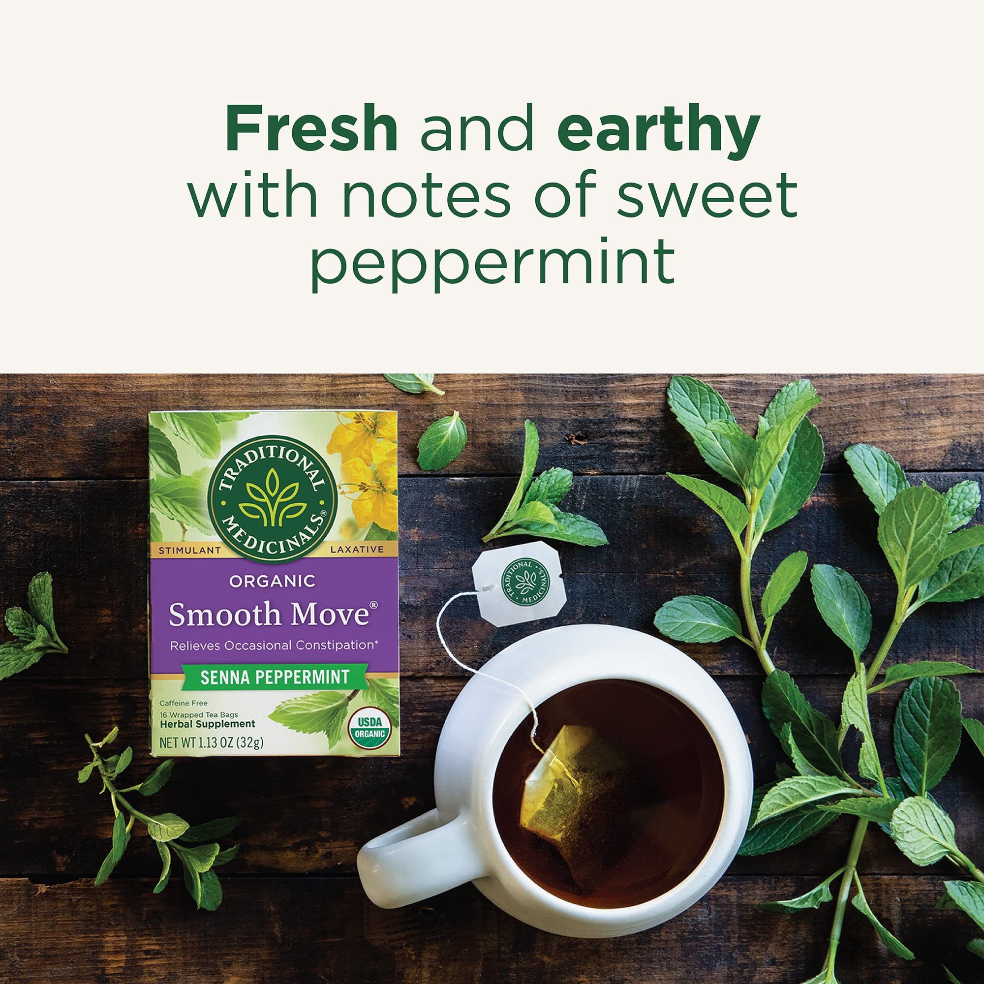Traditional Medicinals Organic Smooth Move Peppermint label, highlights organic, non-GMO herbal blend