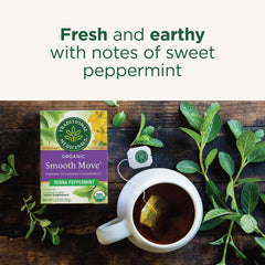 Traditional Medicinals Organic Smooth Move Peppermint label, highlights organic, non-GMO herbal blend