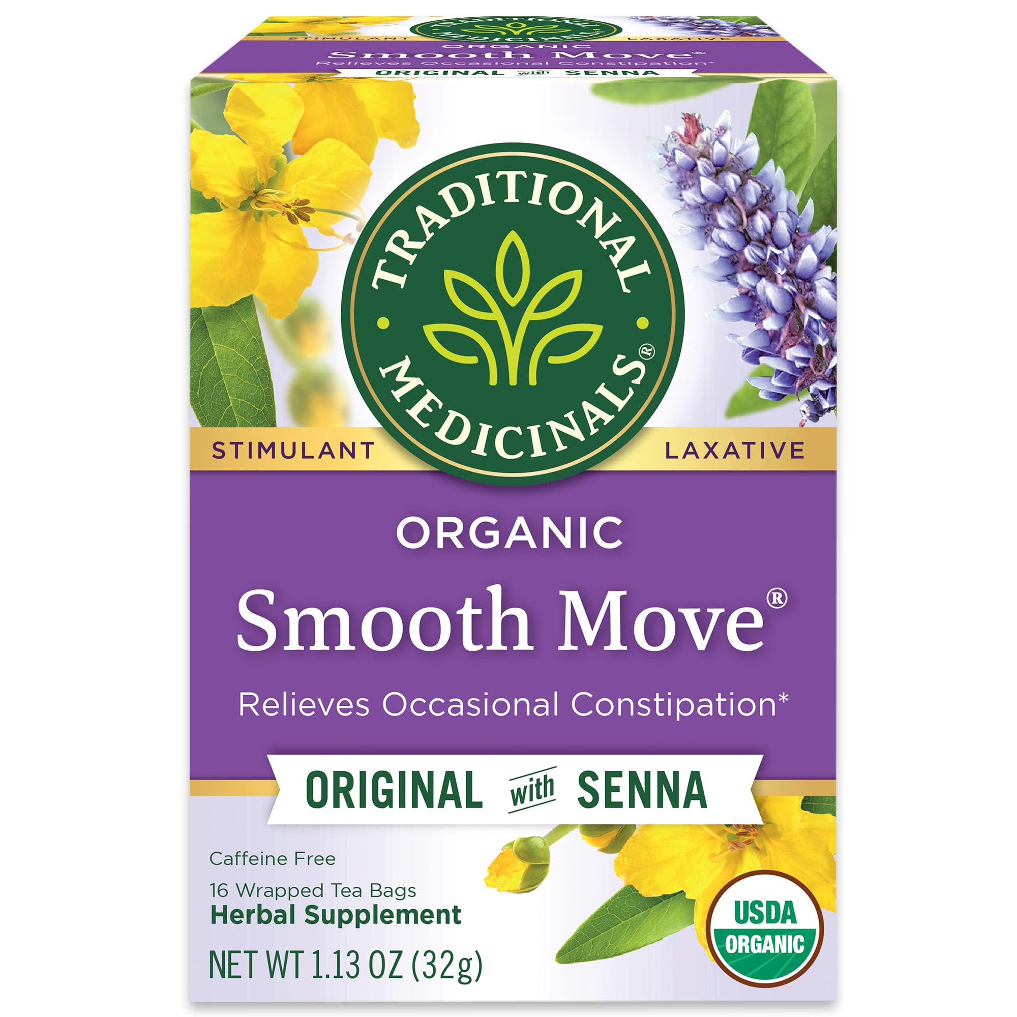 Traditional Medicinals Smooth Move tea box with organic herbs for gentle, occasional relief.