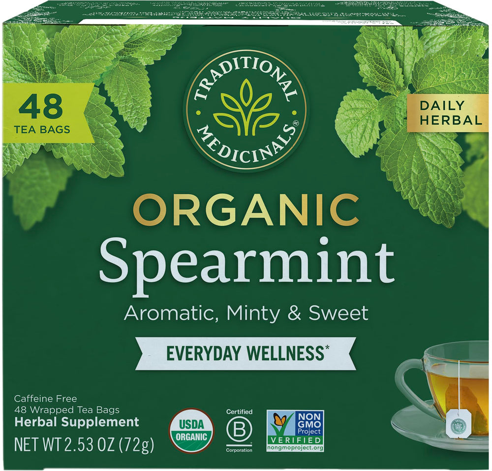 Traditional Medicinals Organic Spearmint tea bags ready for brewing, a refreshing everyday ritual.