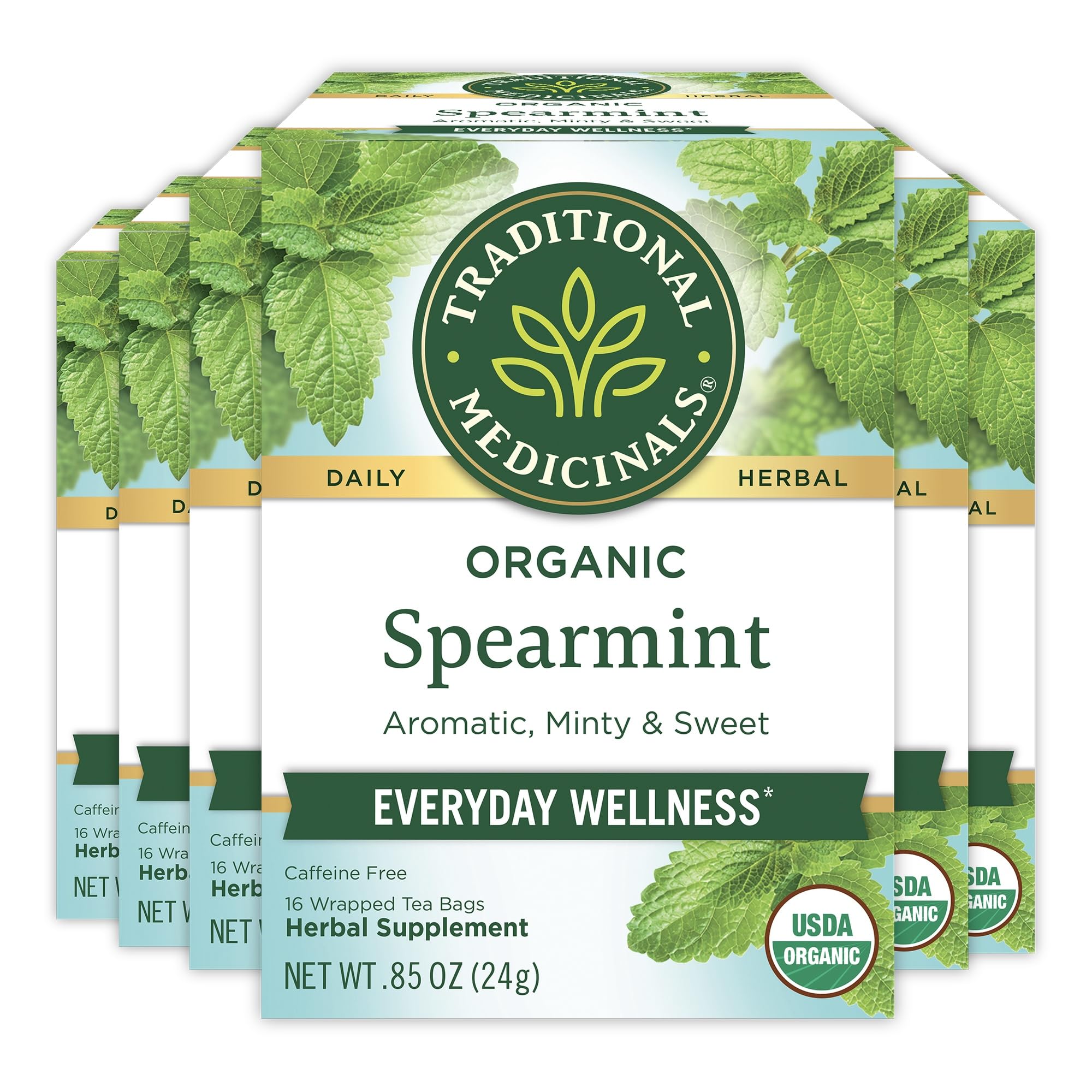 Traditional Medicinals Organic Spearmint Tea box shows organic certification.