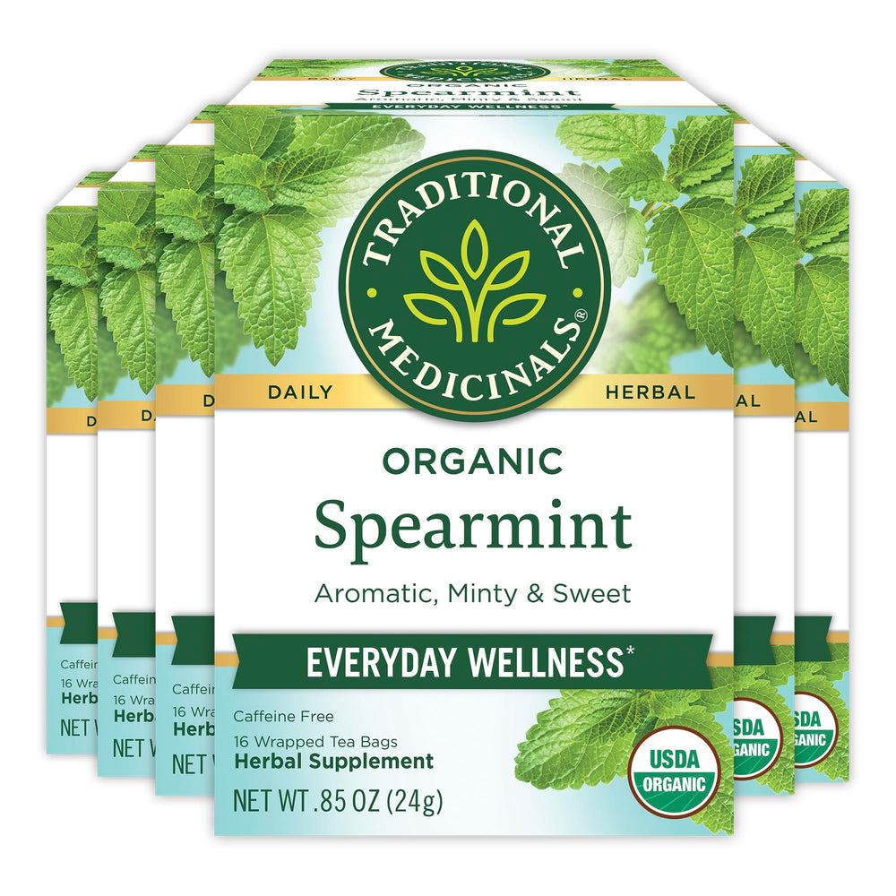 Traditional Medicinals Organic Spearmint Tea box shows organic certification.