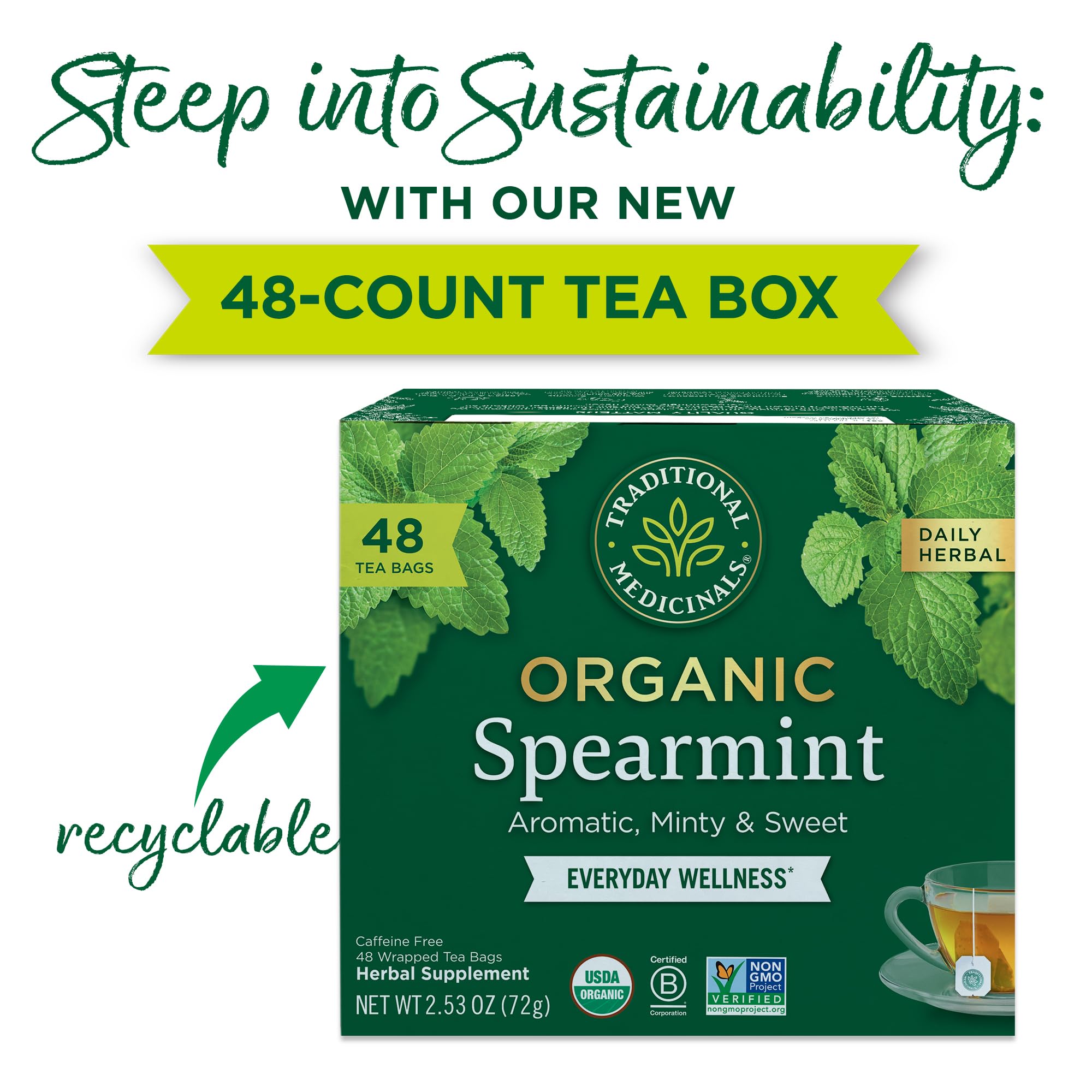 Close-up of Traditional Medicinals organic spearmint tea label highlighting organic and caffeine-free features.