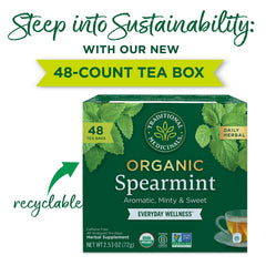 Close-up of Traditional Medicinals organic spearmint tea label highlighting organic and caffeine-free features.