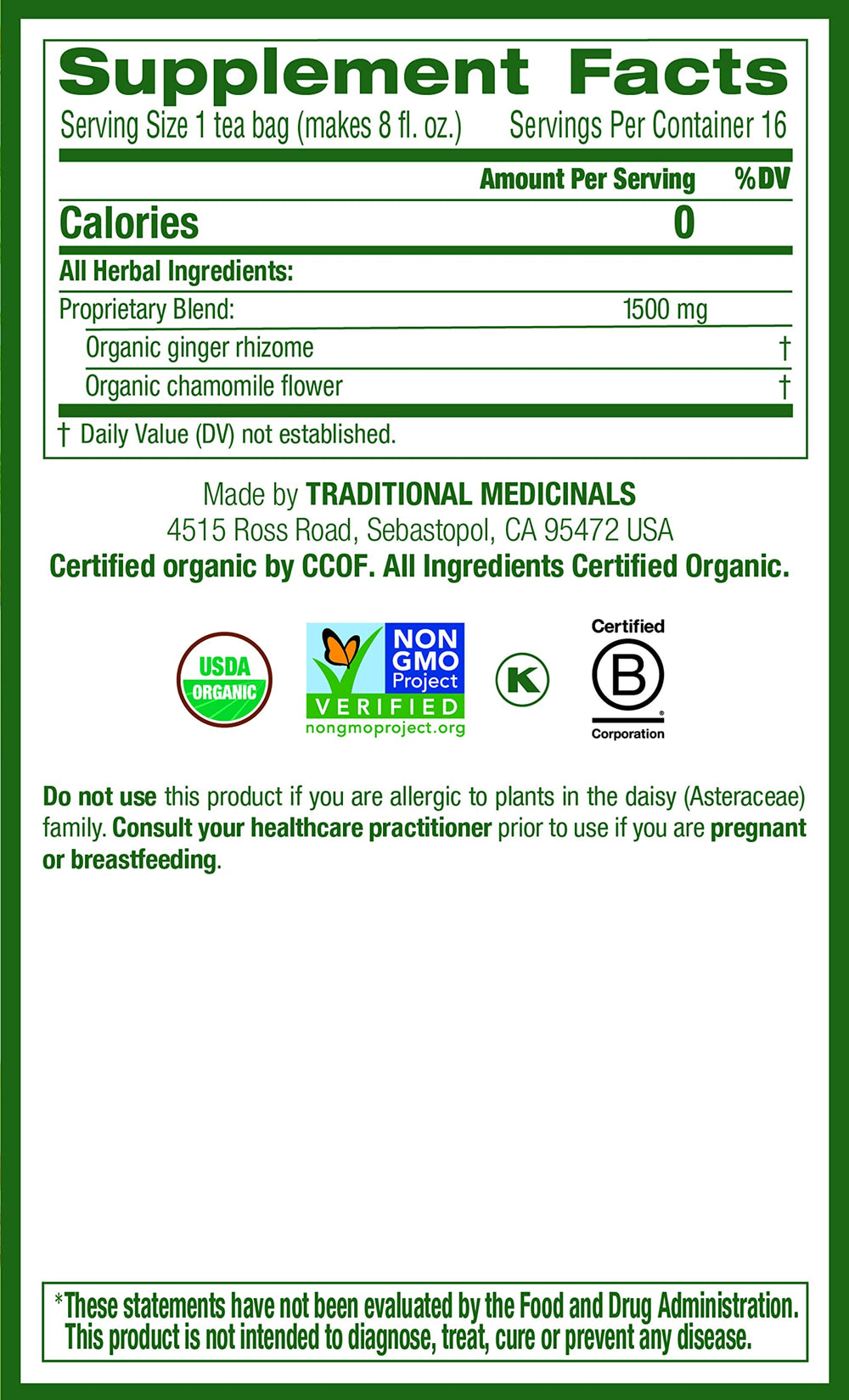 Traditional Medicinals organic tea box highlights the ginger and chamomile blend.