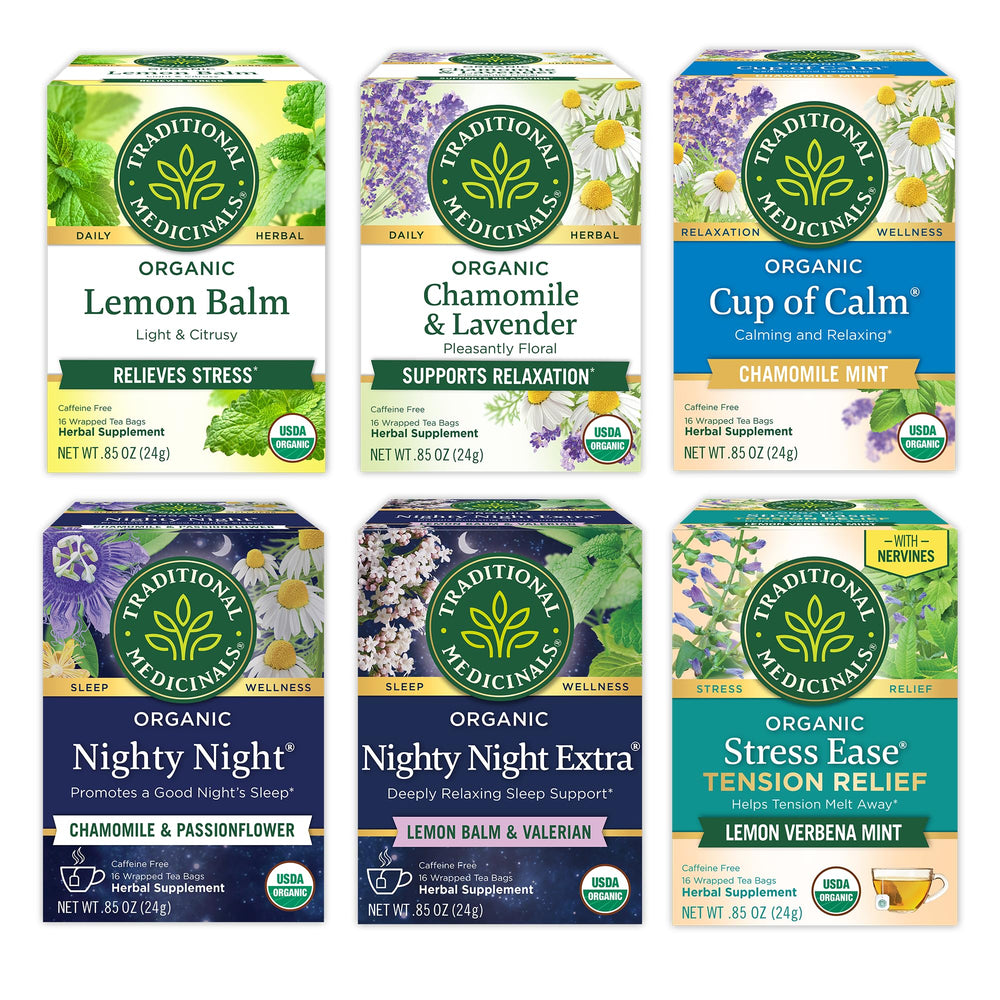 Traditional Medicinals organic tea variety pack box for a calming evening ritual.