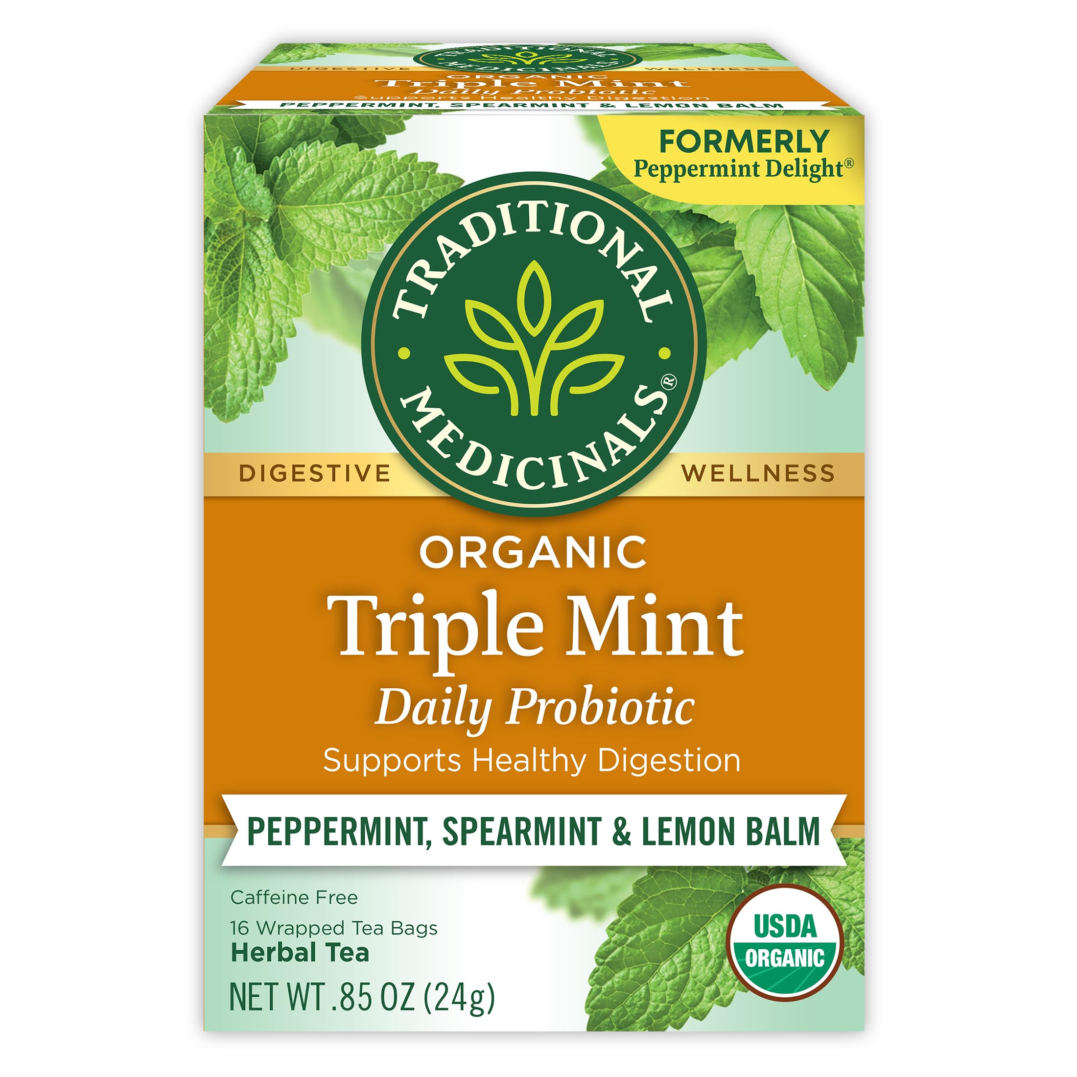 Traditional Medicinals Organic Triple Mint Tea packaging highlights organic, caffeine-free digestion-friendly blend.