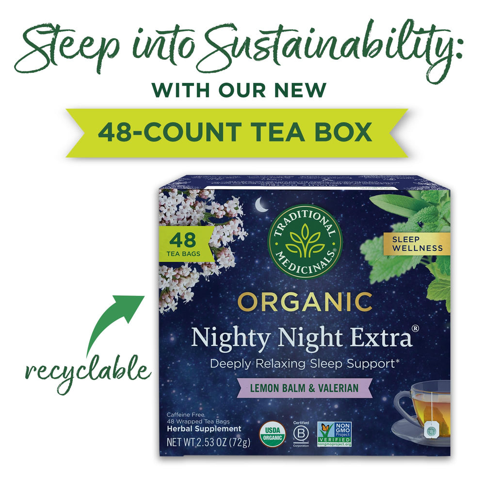 Herbal blend of passionflower, lemon balm, and peppermint in Traditional Medicinals Nighty Night.