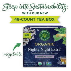 Herbal blend of passionflower, lemon balm, and peppermint in Traditional Medicinals Nighty Night.