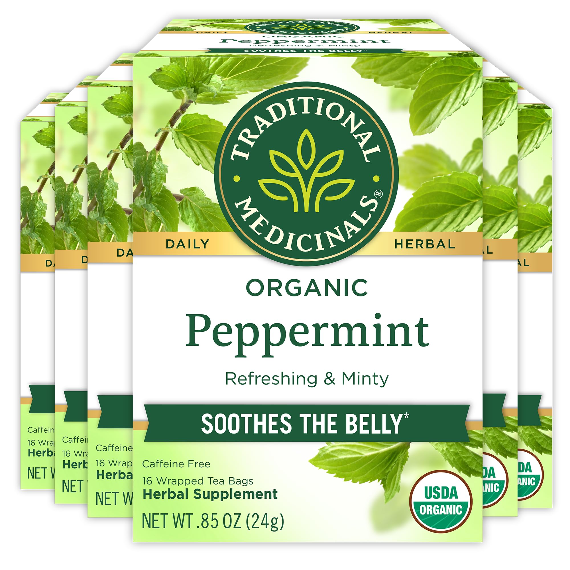 Traditional Medicinals peppermint tea 96-tea-bags box shows inviting mint aroma for digestive comfort.