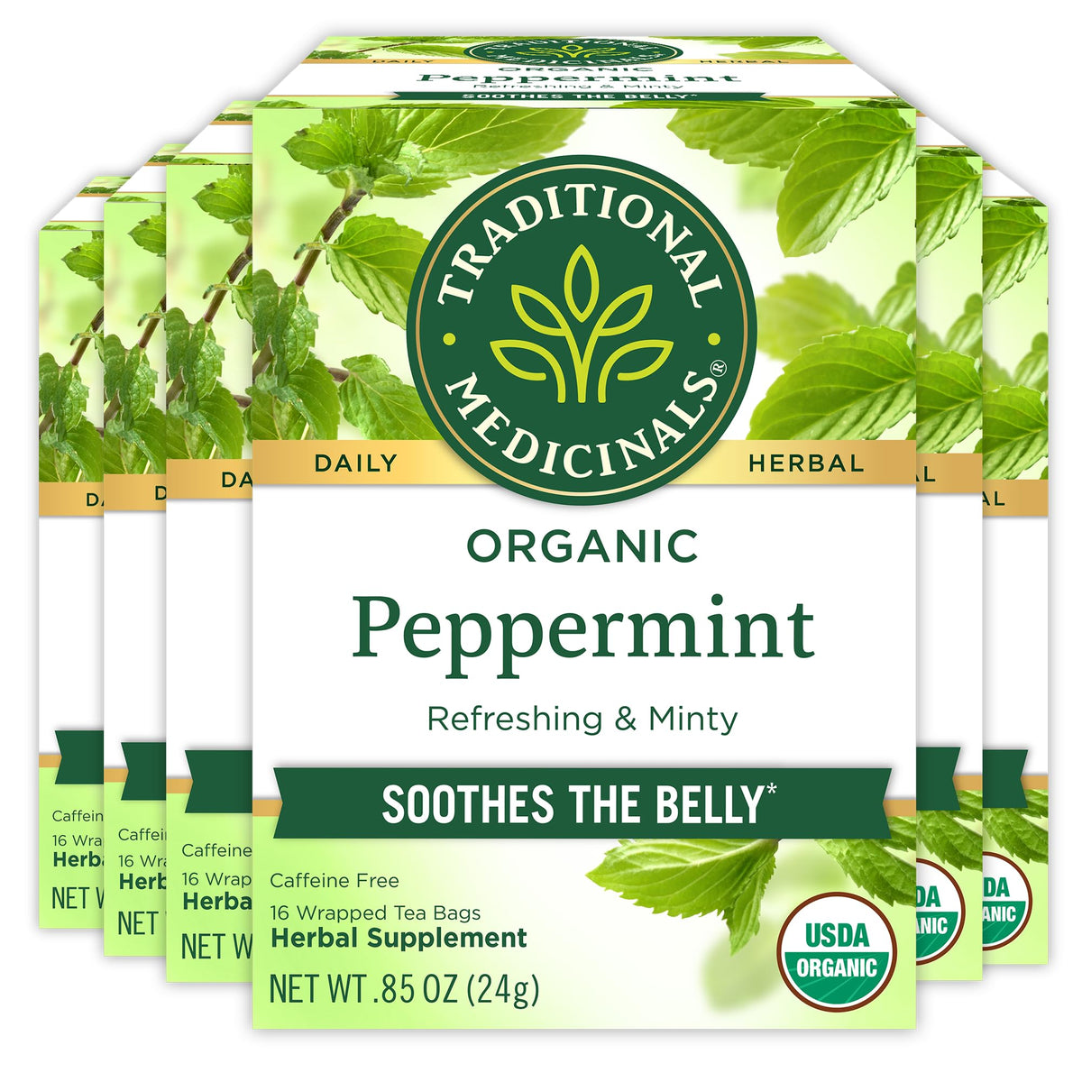 Traditional Medicinals peppermint tea 96-tea-bags box shows inviting mint aroma for digestive comfort.