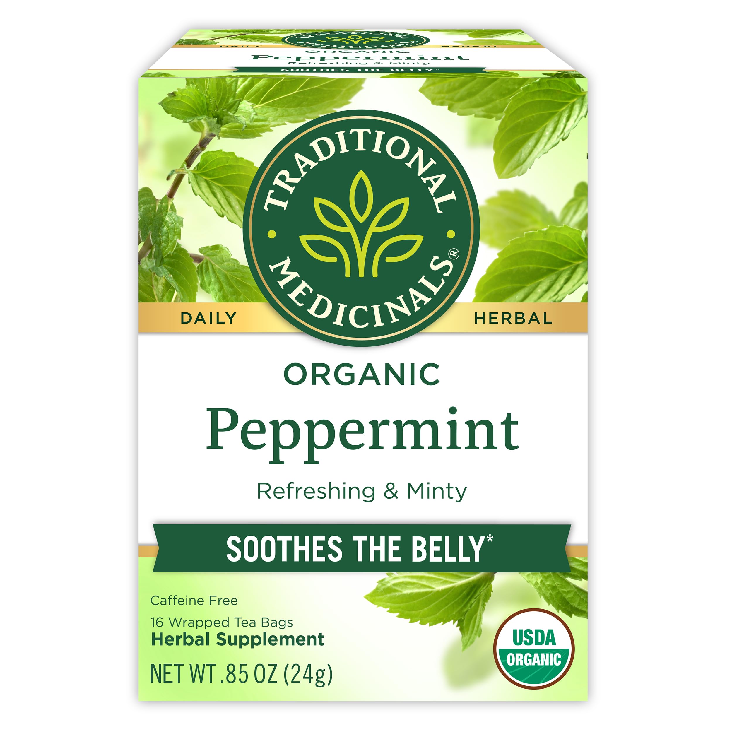 Traditional Medicinals peppermint tea bags show organic leaves for a refreshing scent and flavor.