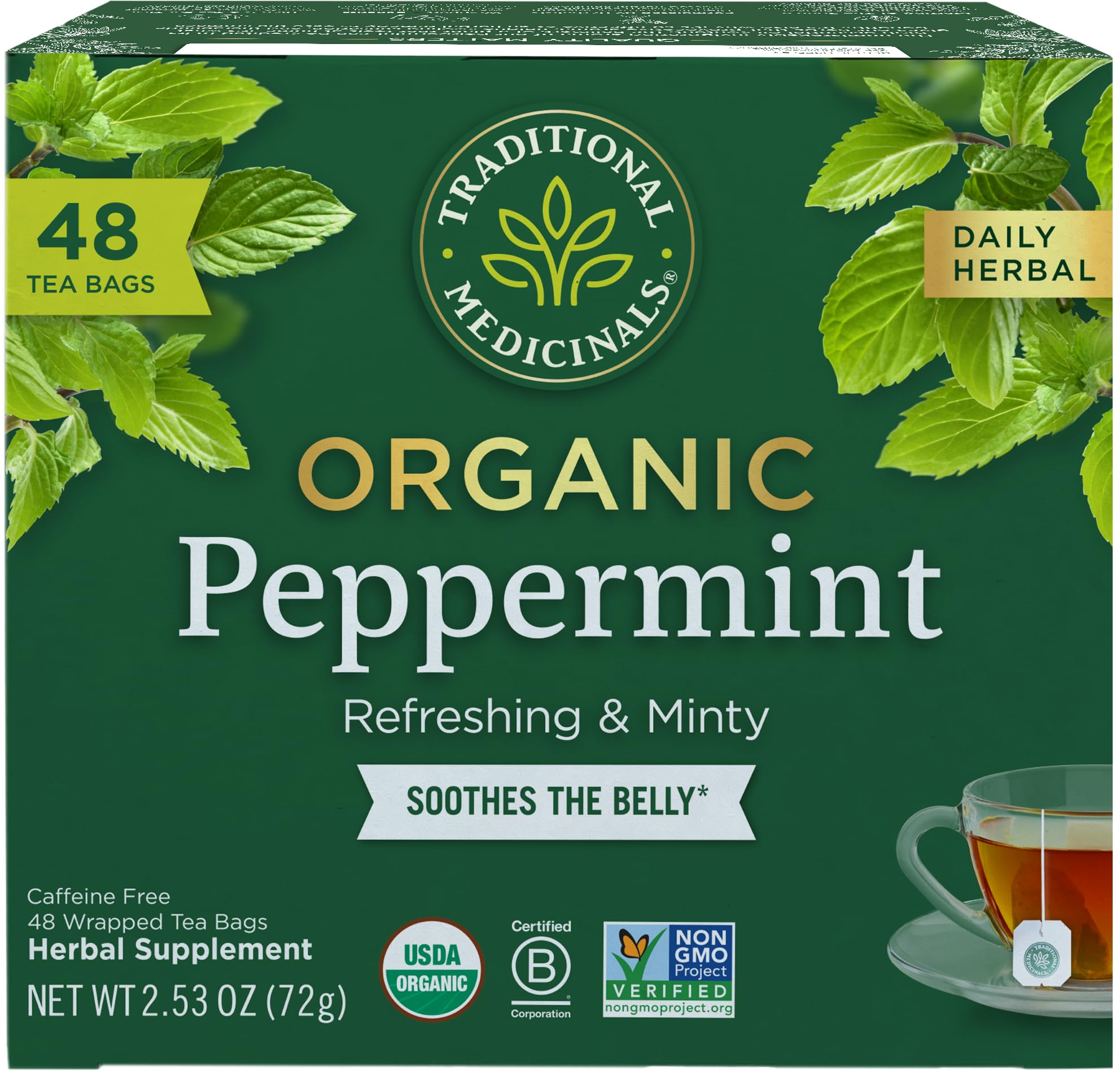 Traditional Medicinals peppermint tea box 48 bags for post-meal refreshment.