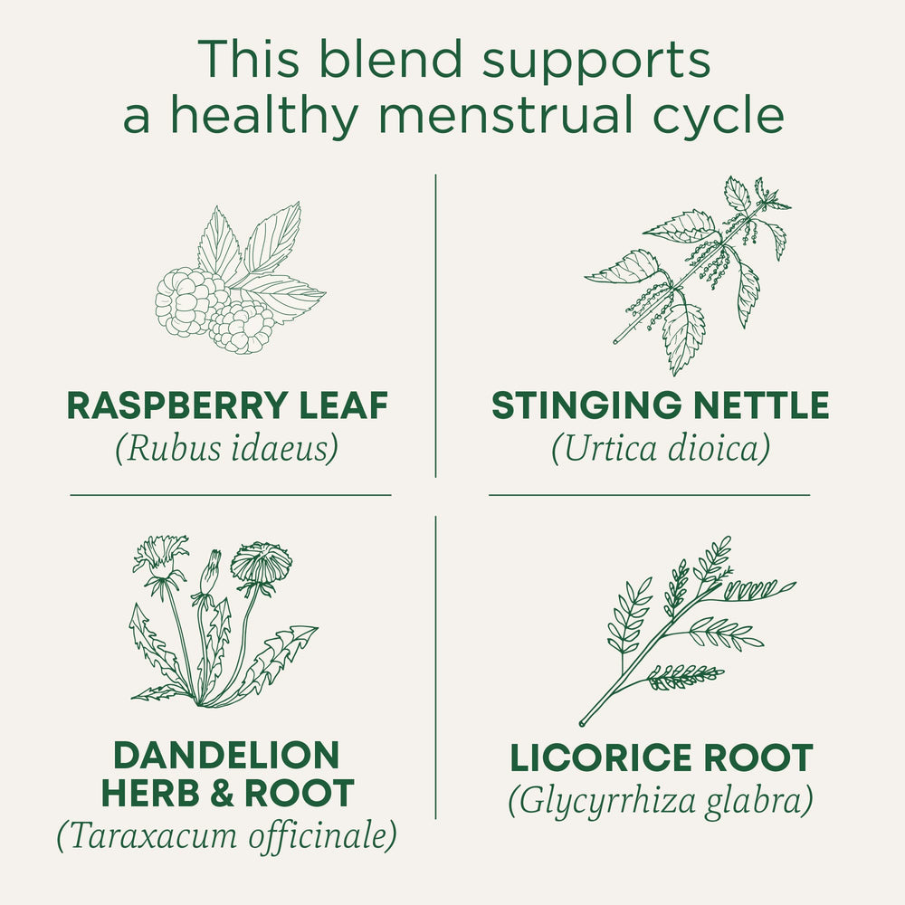 Traditional Medicinals Raspberry leaf blend highlighted, suggesting tradition-based support for monthly comfort.