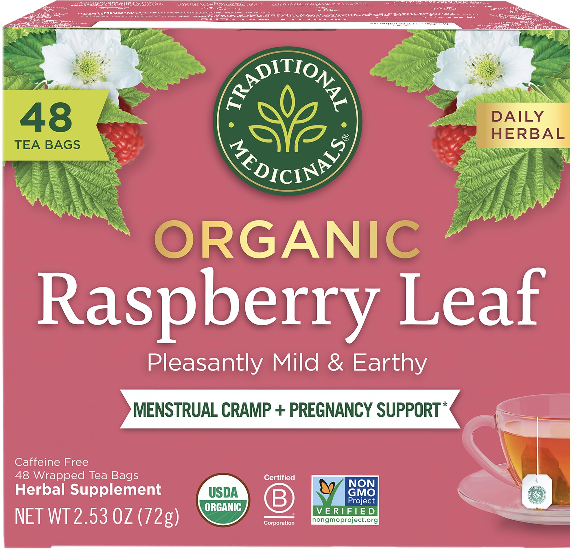 Traditional Medicinals Raspberry Leaf tea bags in pack for daily ritual.