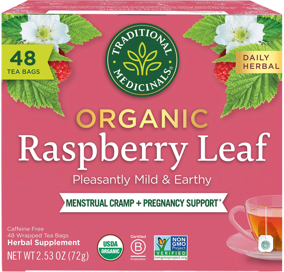 Traditional Medicinals Raspberry Leaf tea bags in pack for daily ritual.