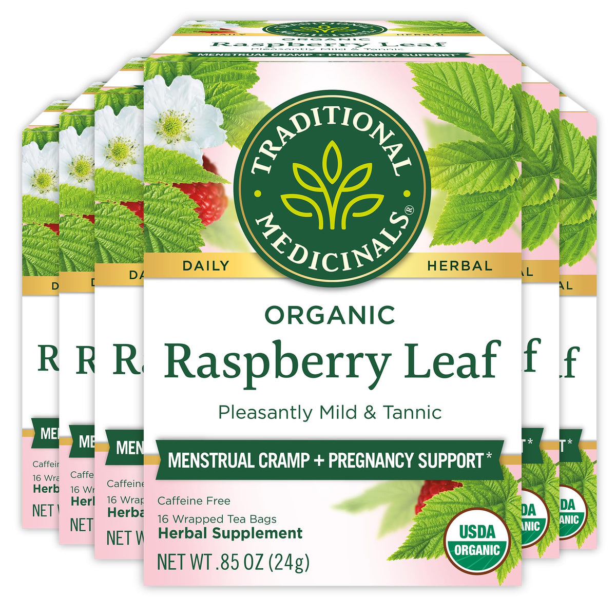 Traditional Medicinals Raspberry Leaf Tea pack front, caffeine-free herbal option for daily ritual