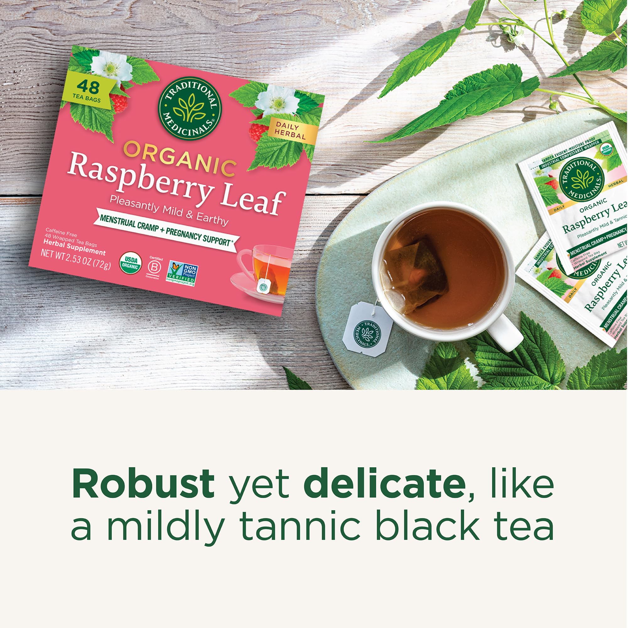 Traditional Medicinals raspberry leaf tea packaging close-up.