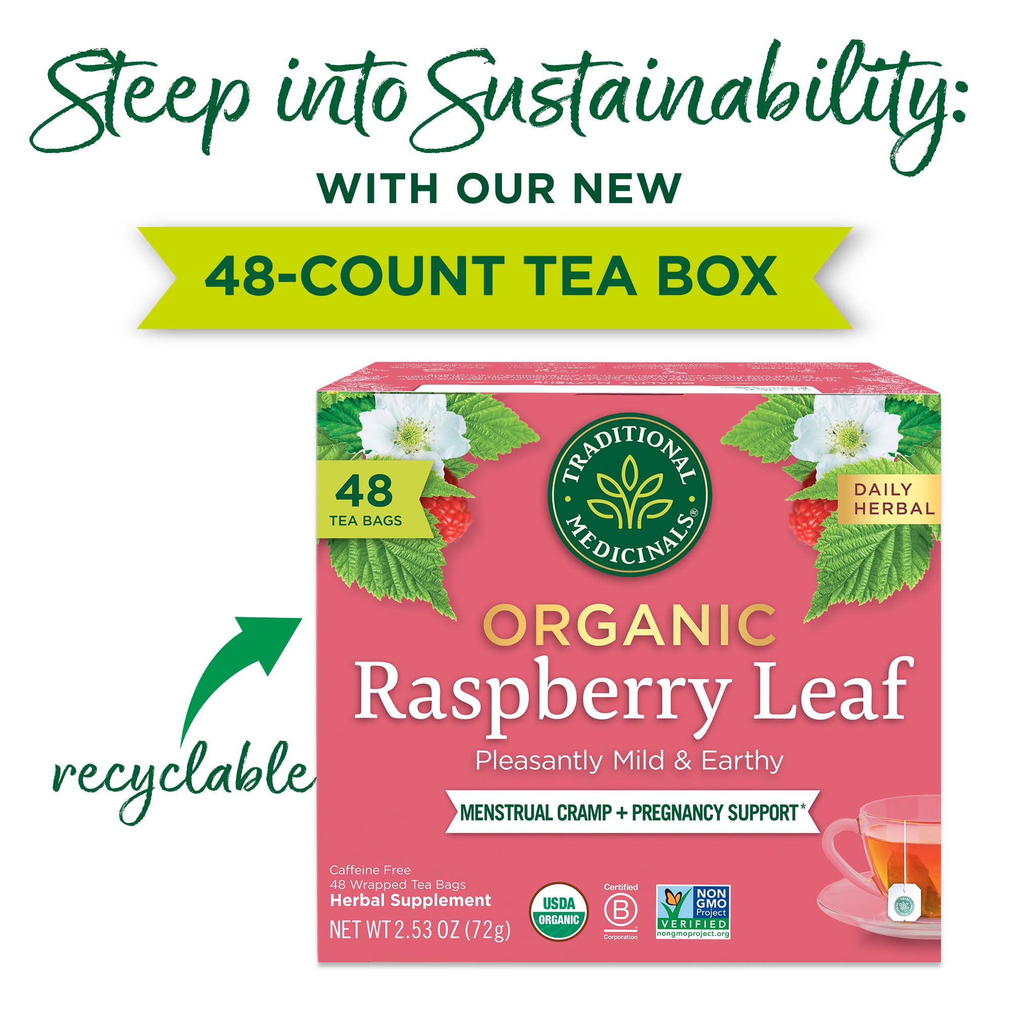 Traditional Medicinals raspberry leaf tea steeping cup displaying warm, inviting aroma.