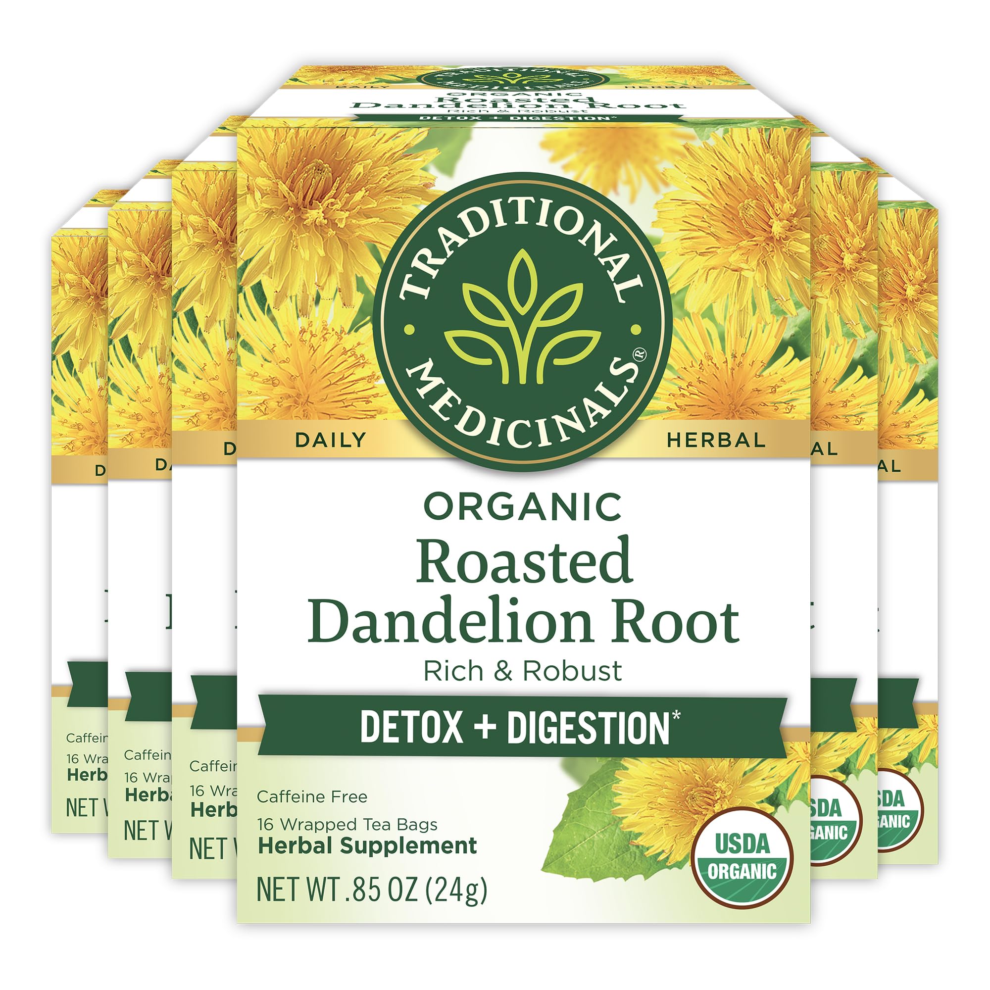 Traditional Medicinals roasted dandelion root tea bags in a box, supports digestive comfort.