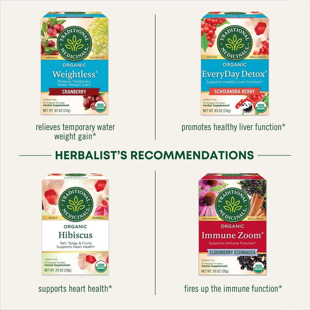 Traditional Medicinals ingredients list shows rose hips and hibiscus for bright infusion