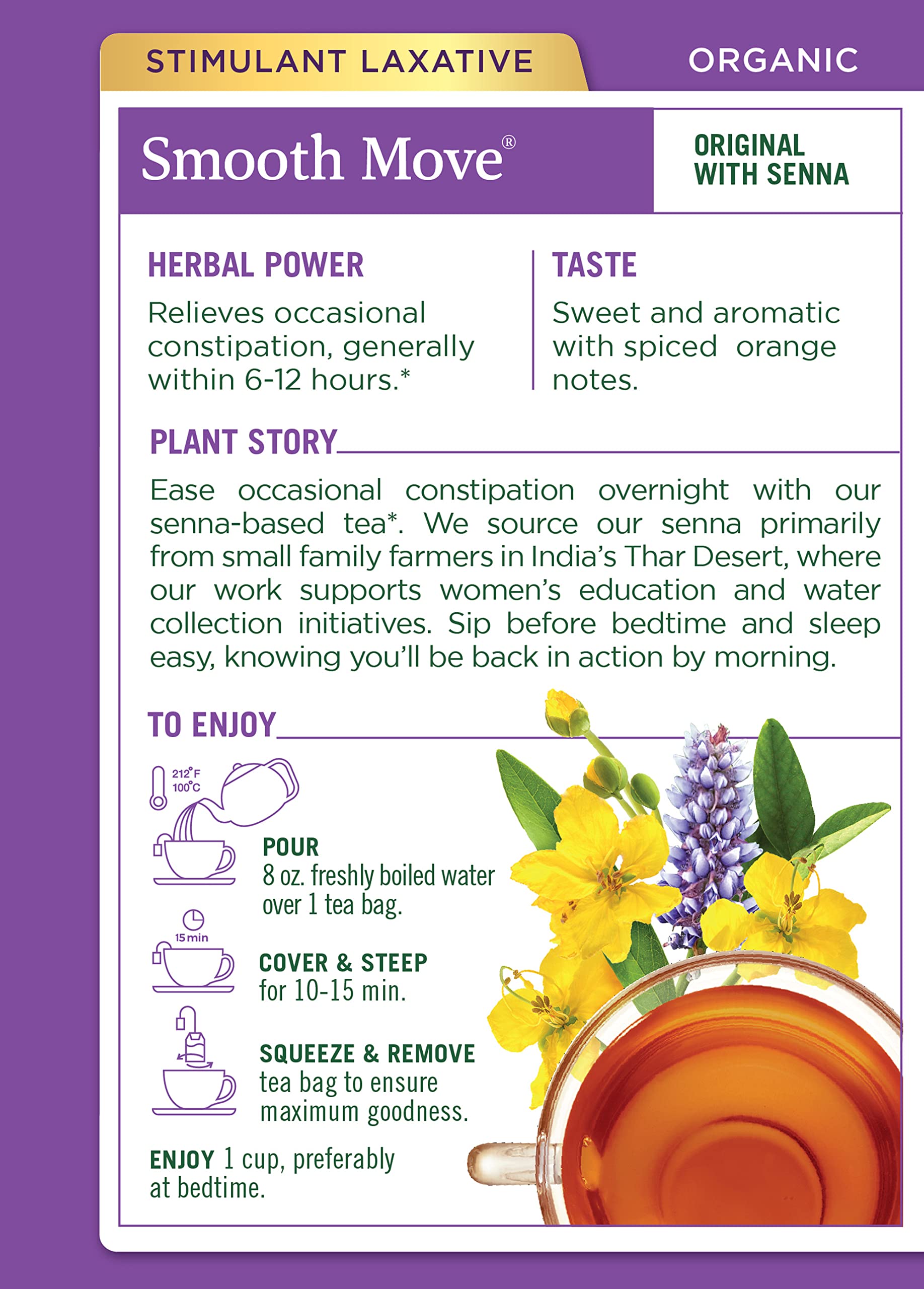 Traditional Medicinals Smooth Move brewed tea in a warm cup with inviting aroma.