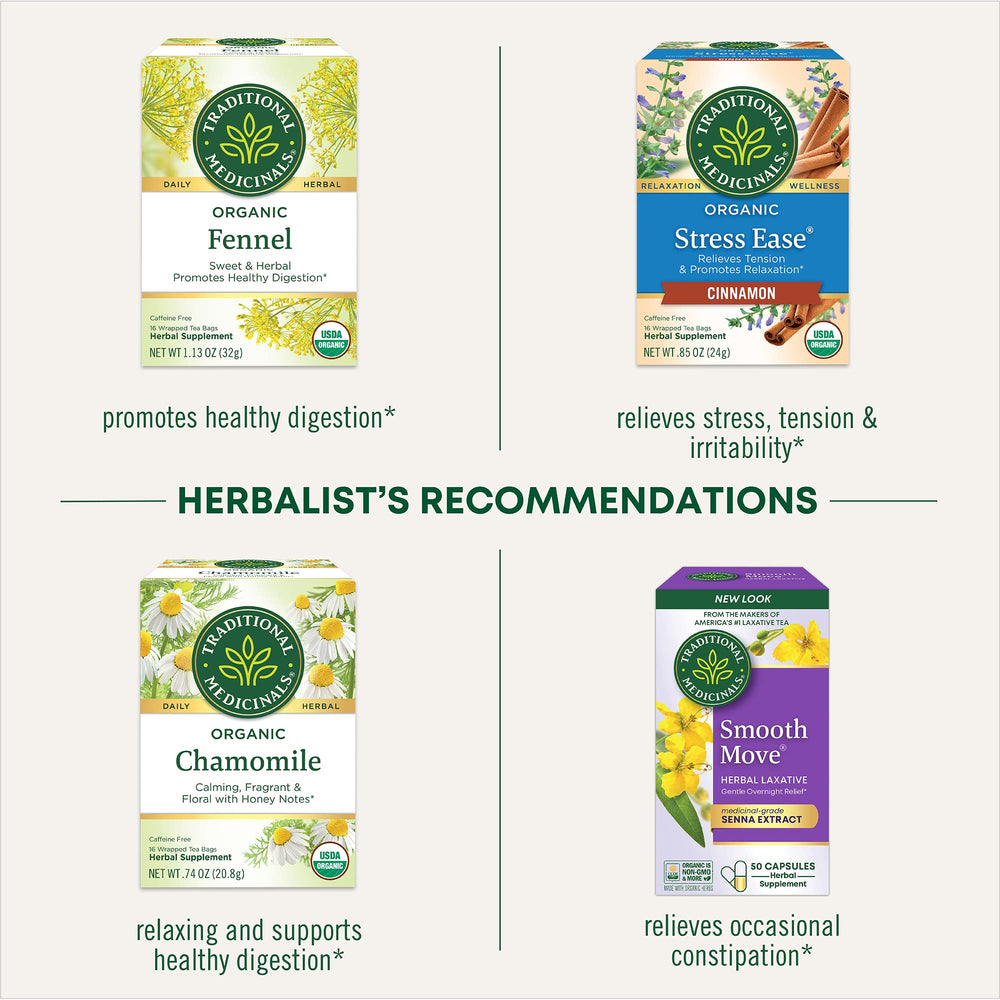 Traditional Medicinals Smooth Move Chamomile near a bedtime setup for relaxation.