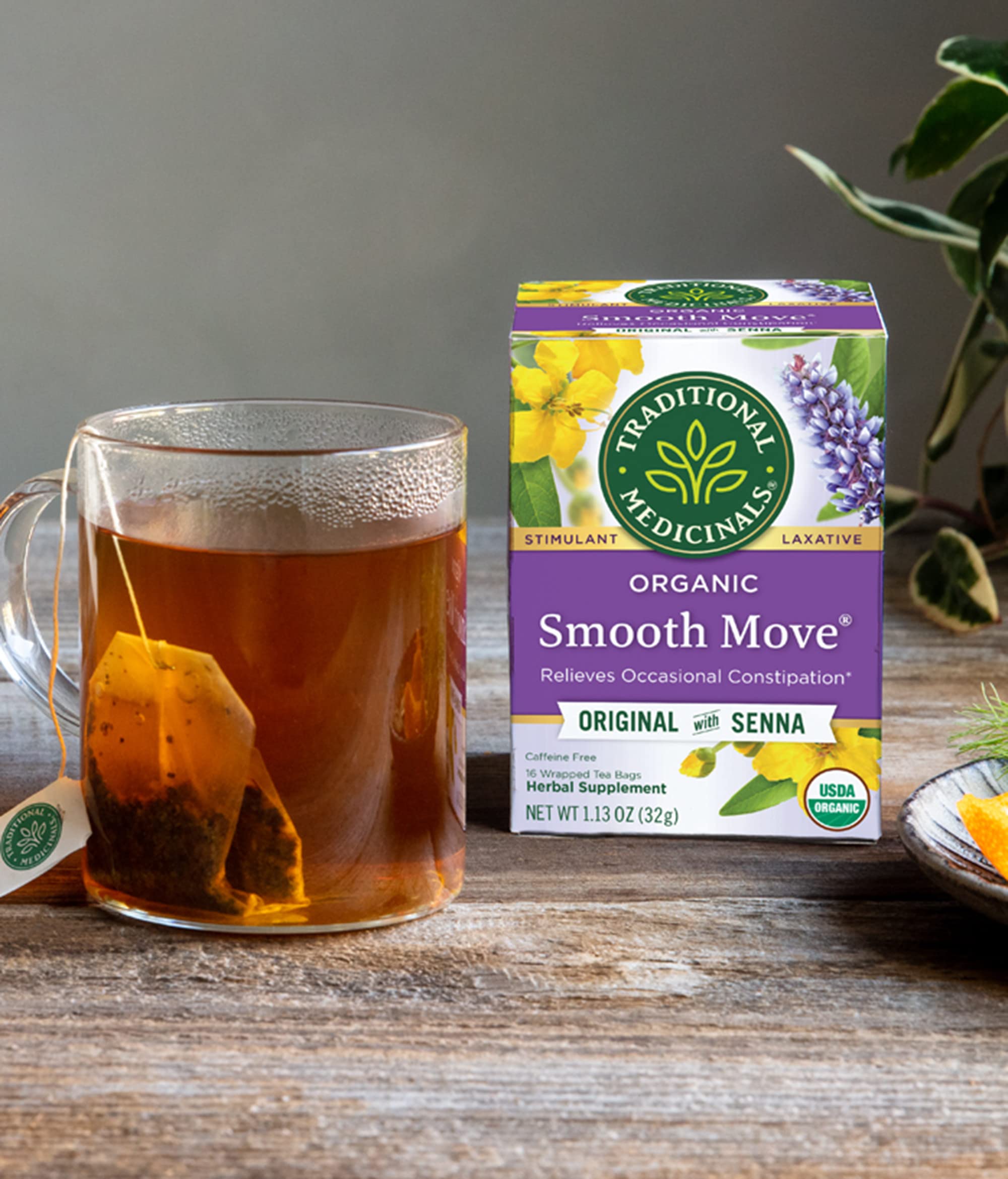 Traditional Medicinals Smooth Move organic non-GMO label on packaging.