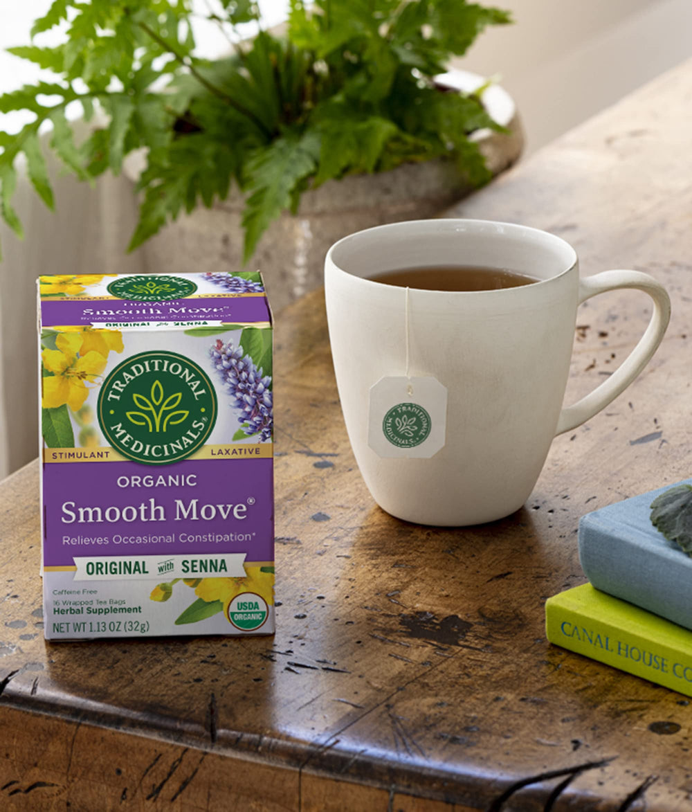 Traditional Medicinals Smooth Move steaming cup for a cozy evening ritual.