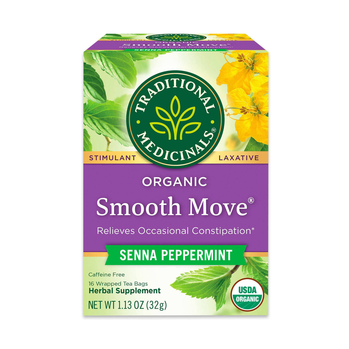 Traditional Medicinals Smooth Move tea bags closeup for overnight relief and comfort